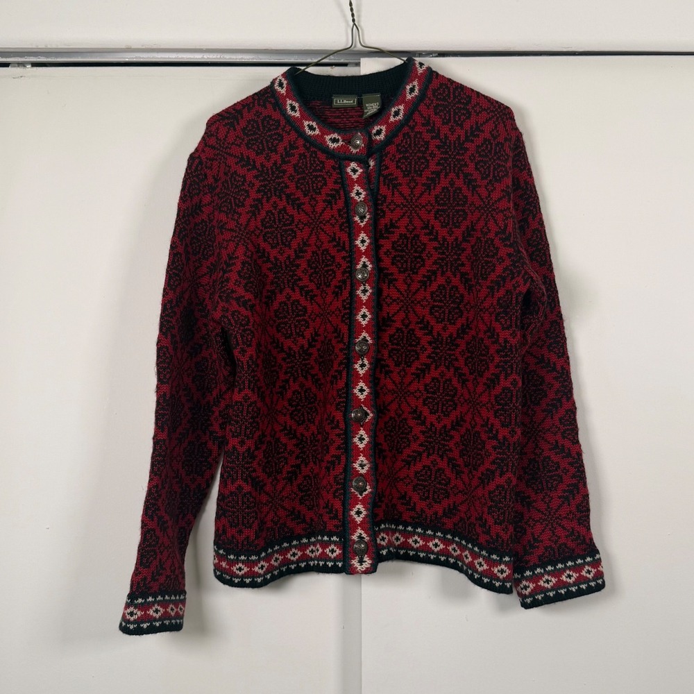 LL Bean Womens Red Black Fair Isle Merino Wool Button Cardigan Sweater Small SM